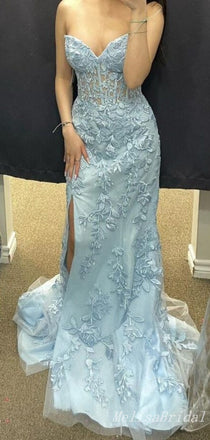 Sexy Strapless Leaf Appliques Lace Side Slit Evening Gown Long Prom Dresses ,MB301