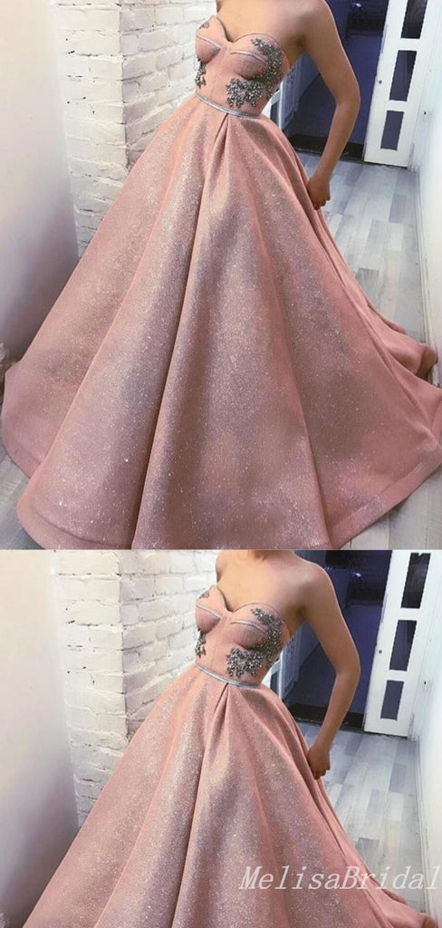 Charming Pink Sheer Corset A-line Sexy Sparkly Strapless Sweetheart Evening Gown Long Formal Dresses Prom Dresses with Ruffles ,MB386