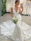 Elegant White Spaghetti Straps V Neck Lace Appliques Tulle Mermaid Long Cheap Wedding Dresses,WD61