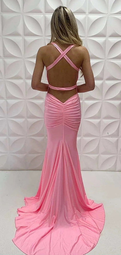 Sexy Pink Pleats Criss-Cross Back V Neck Mermaid Evening Long Prom Dresses,MB24