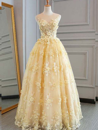Light Yellow Illusion Lace Appliques A-line Evening Gown Maxi Long Evening Party Prom Dresses,MB713