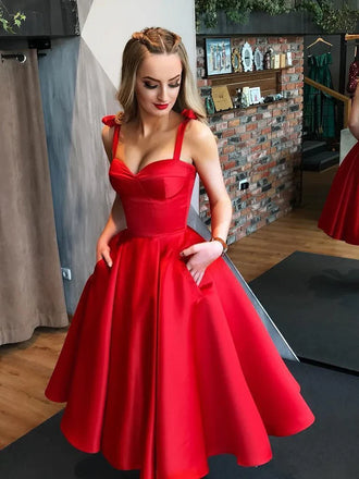 Elegant Red Ruffle Simple Spaghetti Straps Cheap Sleeveless Homecoming Dresses, HD32
