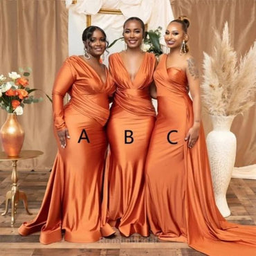 Mismached Orange V Neck Pleats Mermaid  Long Cheap Bridesmaid Dresses ,BD79