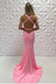 Sexy Pink Pleats Criss-Cross Back V Neck Mermaid Evening Long Prom Dresses,MB24