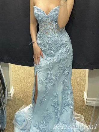 Sexy Strapless Leaf Appliques Lace Side Slit Evening Gown Long Prom Dresses ,MB301