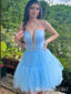 Elegant Blue Strapless V Neck Beading Tulle Simple Cheap Short Homecoming Dresses, HD209