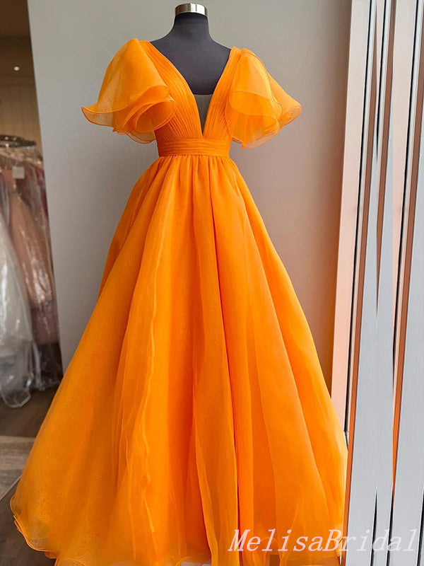 Orange Deep V-Neck A-Line Ball Gown Evening Gown Maxi Long Formal Dresses Prom Dresses With Bubble Sleeves,MB555