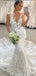 Elegant White Spaghetti Straps V Neck Lace Appliques Tulle Mermaid Long Cheap Wedding Dresses,WD61