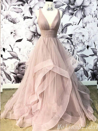 Elegant Sexy Fluffy Plunging Lace Up Back Layer A-Line Evening Gown Maxi Long Formal Dresses Prom Dresses With Ruffles,MB487