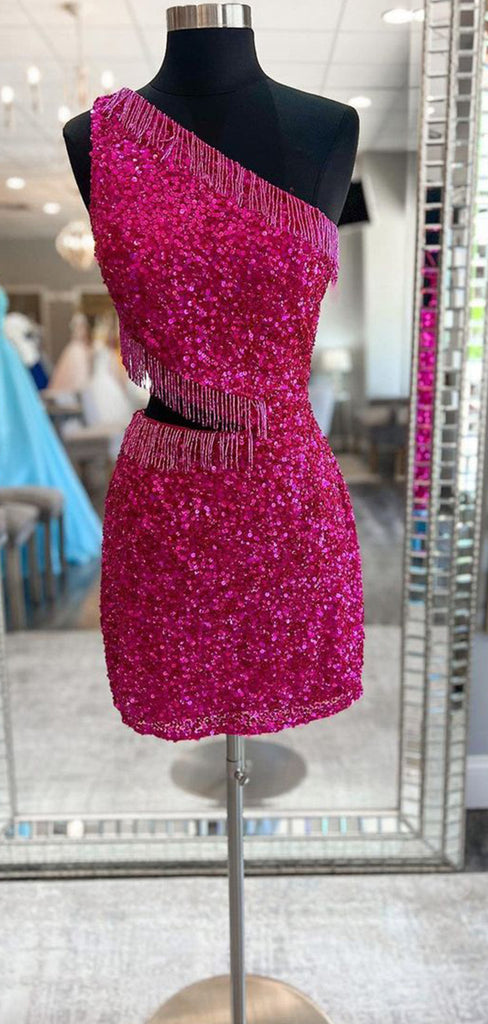 Elegant Pink One Shoulder Sequin Simple Cheap Short Homecoming Dresses, HD157