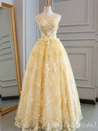 Light Yellow Illusion Lace Appliques A-line Evening Gown Maxi Long Evening Party Prom Dresses,MB713