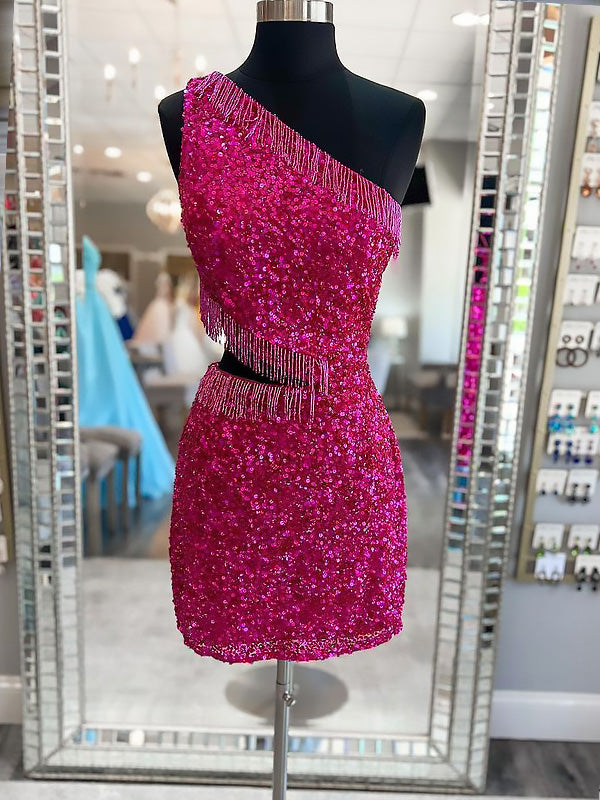 Elegant Pink One Shoulder Sequin Simple Cheap Short Homecoming Dresses, HD157