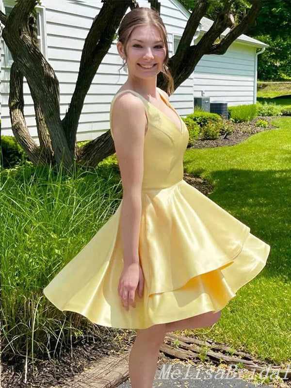 Light Yellow V-Neck Layer A-Line Graduation Party Short Homecoming Dresses, HD382