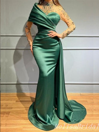 Green Illusion Beaded Long Sleeves Mermaid Evening Gown Maxi Long Evening Party Prom Dresses ,MB785