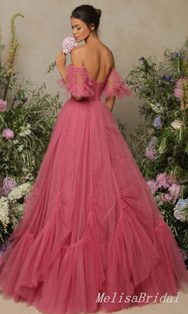 Sexy Elegant Tulle Off Shoulder A-line Strapless Evening Gown Long Prom Dresses ,MB243