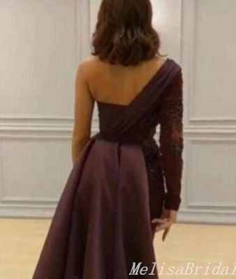 Sexy One Shoulder Lace Appliques One Long Sleeve Side Slit Mermaid Evening Gown Maxi Long Formal Dresses Prom Dresses,MB516