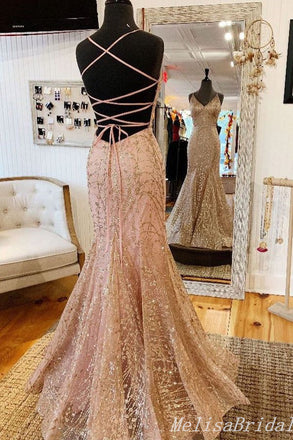 Sparkle Sexy V-Neck Lace Appliques Lace Up Back Mermaid Evening Gown Maxi Long Formal Dresses Prom Dresses,MB488