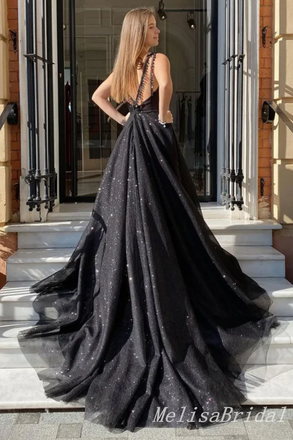 Sexy Open Back A-line Black Tulle Front Slit Open Back Evening Gown Long Formal Dresses Prom Dresses,MB360