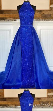 Royal Blue Sparkle High Neck Sleeveless A-Line Evening Gown Maxi Long Formal Dresses Prom Dresses ,MB556
