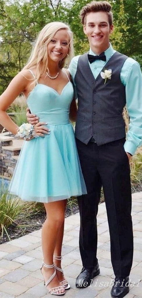 Light Blue Sweetheart Spaghetti Straps A-Line Graduation Party Short Homecoming Dresses, HD437