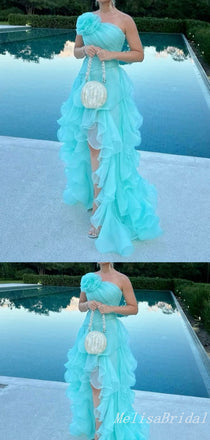 Charming One Shoulder High Low A-Line Layer Fluffy Evening Gown Maxi Long Formal Dresses Prom Dresses,MB585