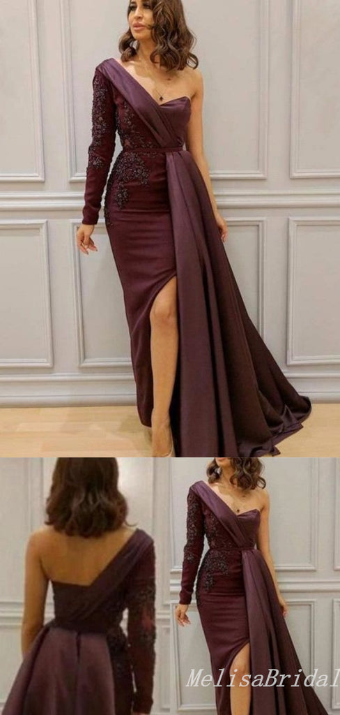 Sexy One Shoulder Lace Appliques One Long Sleeve Side Slit Mermaid Evening Gown Maxi Long Formal Dresses Prom Dresses,MB516