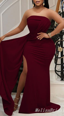 Burgundy Strapless Mermaid Evening Gown Maxi Long Evening Party Prom Dresses with Slit ,MB786