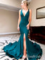 Elegant Green V Neck Spaghetti Straps Sequin Side Slit Long Simple Cheap Evening Gown Prom Dresses,MB168
