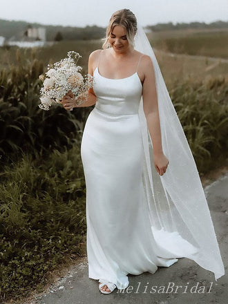 Elegant White Spaghetti Straps Strapless Mermaid Long Cheap Wedding Dresses,WD62