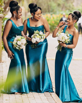 Elegant Blue One Shoulder Mermaid  Long Cheap Bridesmaid Dresses ,BD80