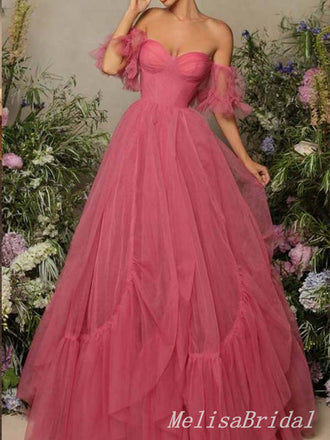 Sexy Elegant Tulle Off Shoulder A-line Strapless Evening Gown Long Prom Dresses ,MB243