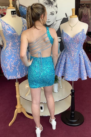 Elegant Blue One Shoulder Sequin Simple Cheap Short Homecoming Dresses, HD158