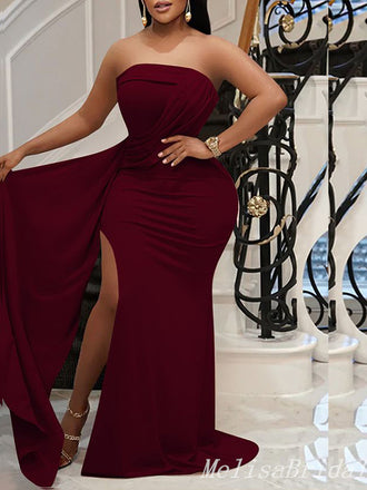 Burgundy Strapless Mermaid Evening Gown Maxi Long Evening Party Prom Dresses with Slit ,MB786