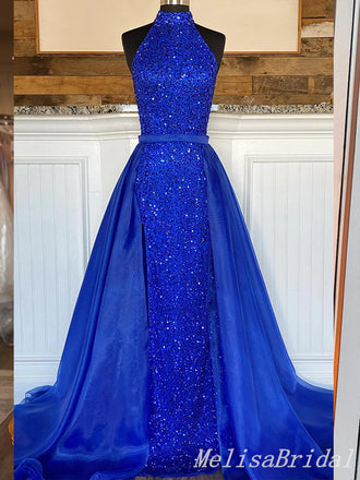 Royal Blue Sparkle High Neck Sleeveless A-Line Evening Gown Maxi Long Formal Dresses Prom Dresses ,MB556
