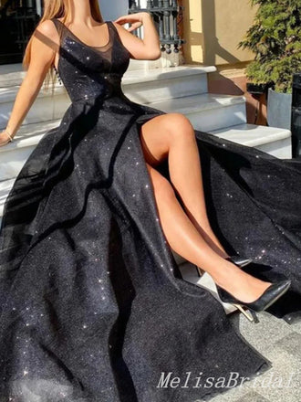 Sexy Open Back A-line Black Tulle Front Slit Open Back Evening Gown Long Formal Dresses Prom Dresses,MB360
