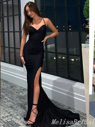 Black Spaghetti Straps Sweetheart Criss Cross Mermaid Evening Gown Maxi Long Evening Party Prom Dresses With Side Slit,MB642