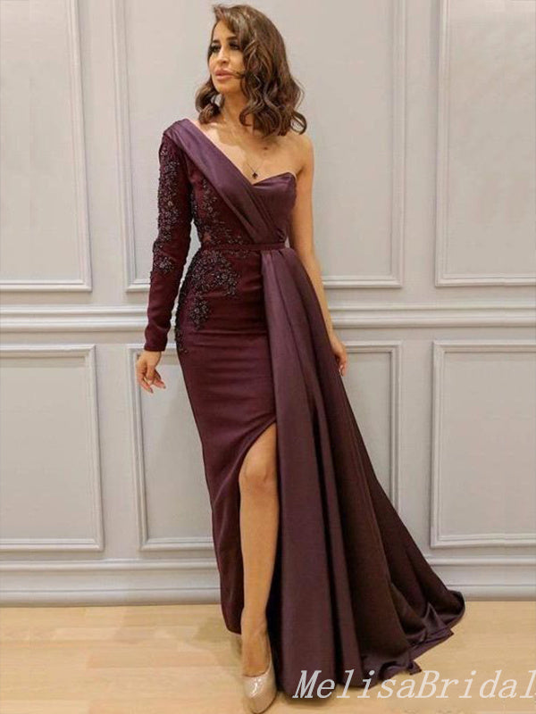 Sexy One Shoulder Lace Appliques One Long Sleeve Side Slit Mermaid Evening Gown Maxi Long Formal Dresses Prom Dresses,MB516