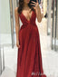 Sexy Elegant A-line Sparkle Plunging Evening Gown Long Prom Dresses with Pleats,MB324