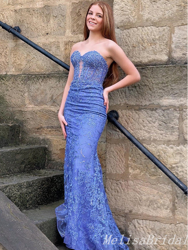 Elegant Lace Appliques Strapless Sweetheart Mermaid Evening Gown Maxi Long Formal Dresses Prom Dresses ,MB517