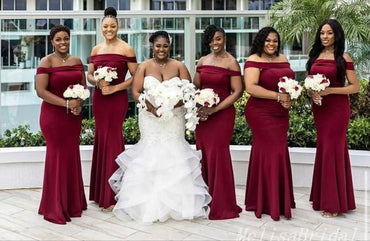 Burgundy Off Shoulder Mermaid Long Bridesmaid Dresses,BD226