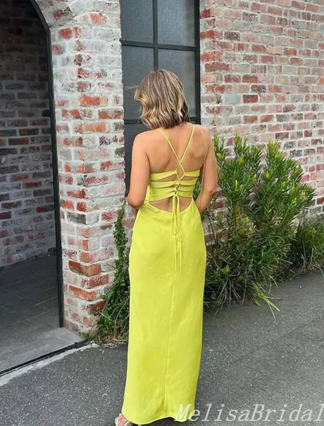 Sexy Yellow Plunging Spaghetti Straps Sheath Evening Gown Maxi Long Formal Dresses Prom Dresses,MB471