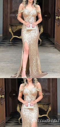 Sparkle Off-The-Shoulder Sweetheart Evening Gown Maxi Long Formal Dresses Prom Dresses With Side Slit,MB586