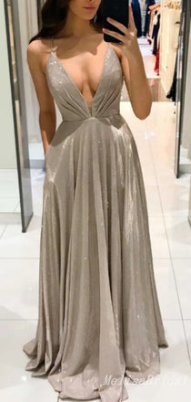 Sexy Elegant A-line Sparkle Plunging Evening Gown Long Prom Dresses with Pleats,MB325