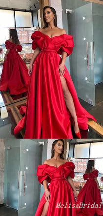 Gorgeous Red Off Shoulder Lace Up Back Sweetheart A-Line Evening Gown Maxi Long Evening Party Prom Dresses With Slit,MB618