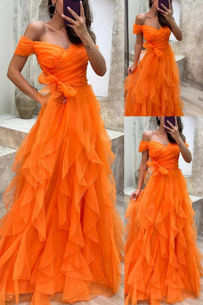 Orange Fluffy Off Shoulder A-line Evening Gown Maxi Long Evening Party Prom Dresses ,MB715