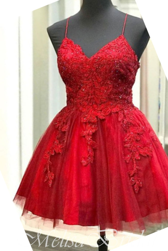 Red Spaghetti Straps Lace Appliques Beaded V Neck A-Line Graduation Party Short Homecoming Dresses, HD443