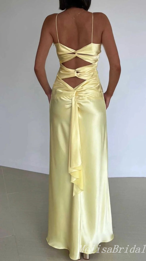 Stylish Light Yellow Spaghetti Straps A-line Long Prom Dresses to Impress ,MB10967