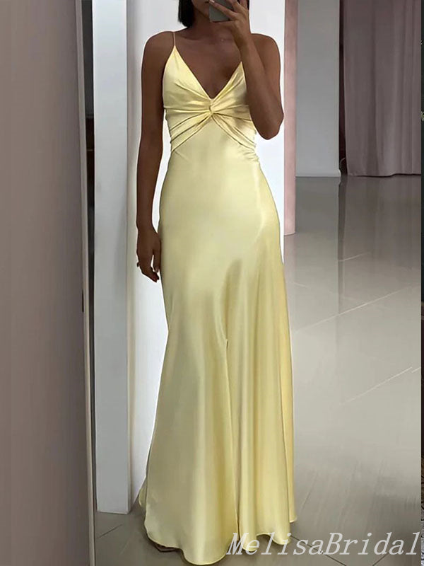 Stylish Light Yellow Spaghetti Straps A-line Long Prom Dresses to Impress ,MB10967