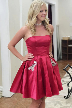 Elegant Red Strapless Beadings Simple Cheap Short Homecoming Dresses, HD206