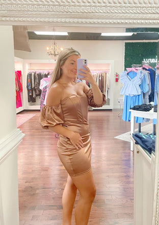 Elegant Light Brown Off Shoulder Simple Cheap Short Homecoming Dresses, HD159